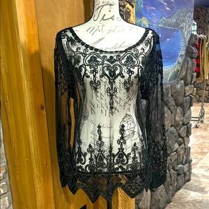 NWT Simply Couture Black Sheer Embroidered Tunic